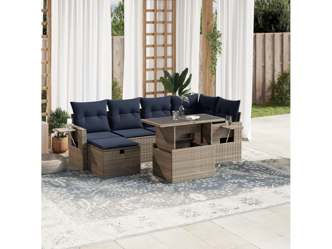 Vidaxl Conjunto De Sofá De Jardim Com 7 Peças E Almofadas Em Rattan Sintético Cinza