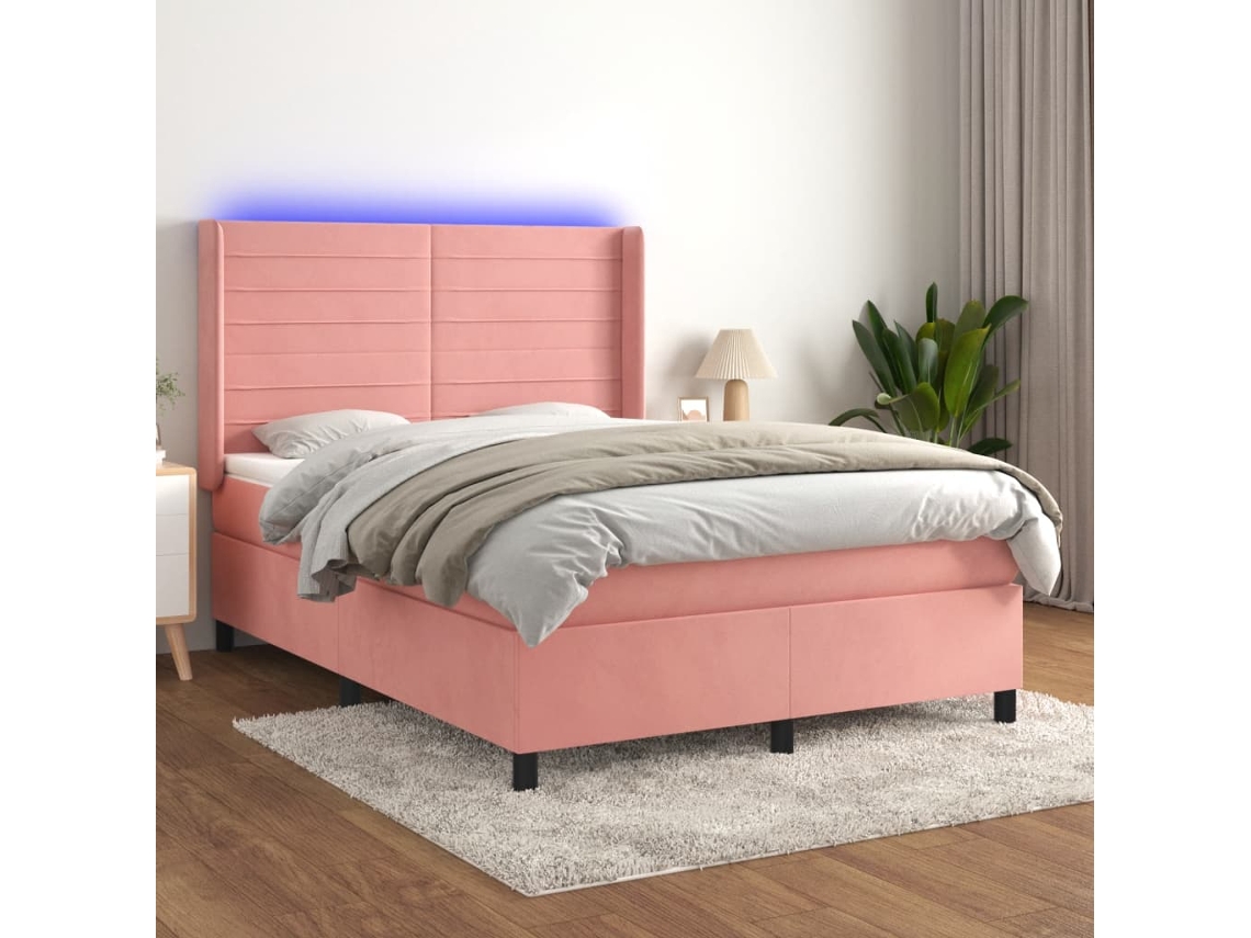 Vidaxl Cama Box Spring C/ Colchão/led 140x190 Cm Veludo Rosa