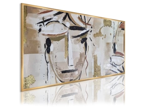 Quadro Pintado À Mão Abstrato 140X70 Cm Rostos Picasso Marrom Quadros Modernos a Óleo com Moldura Dourada. DEKOARTE