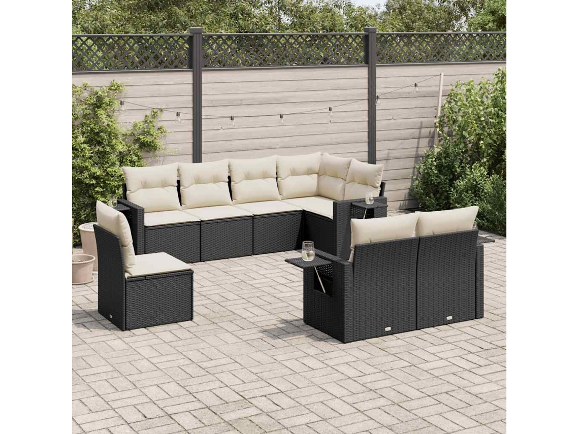 Vidaxl 8 Pcs Conjunto Sofás De Jardim Com Almofadões Vime Pe Preto