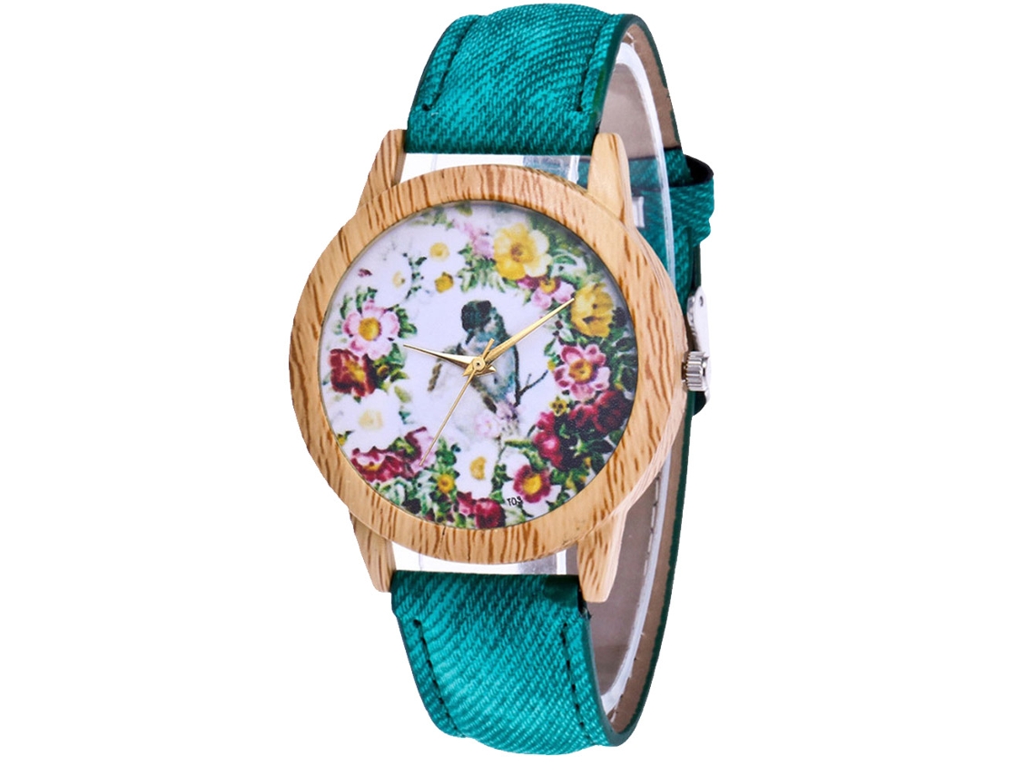 Relógio Feminino Zhoulianfa de Quartzo com Pulseira de Lona e Padrão Flor e Ave (verde)
