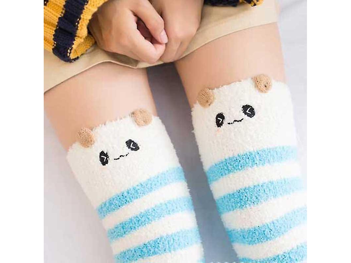 Meias De Lã Coral Macia Até O Joelho, Ideias Para O Inverno, Para Meninas E Mulheres. Meias Listradas Com Estampas De Animais Flufos E Desenhos Animados