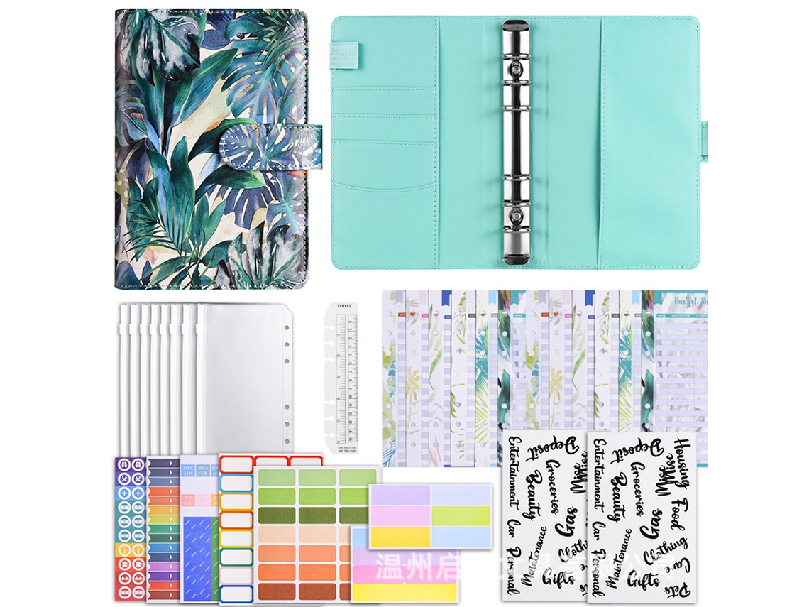 A6 Pu Leather Cash Budget Planner Monstera Pattern, Luxury Gift Set With 12-budget Cards, 8-zipper Pouches, 2-word