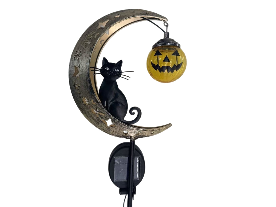 Luminária Solar De Jardim Em Ferro Forjado Com Desenho De Gato Preto, Lua E Abóbora Decoração Externa Para O Halloween.