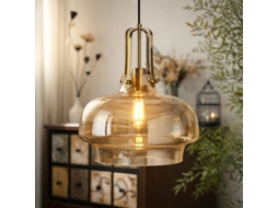 Candeeiro De Teto Em Vidro Âmbar Ø33 Cm, Design Nórdico Moderno, Estrutura Em Metal Dourado E Casquilho E27