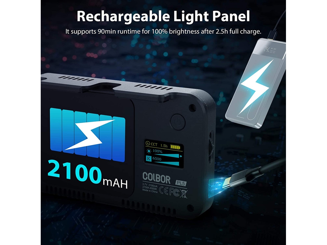 Luz LED de bolso Colbor PL5 2700K-6500K para vídeo e fotografia, CRI 95+, com bateria integrada e efeitos de iluminação.