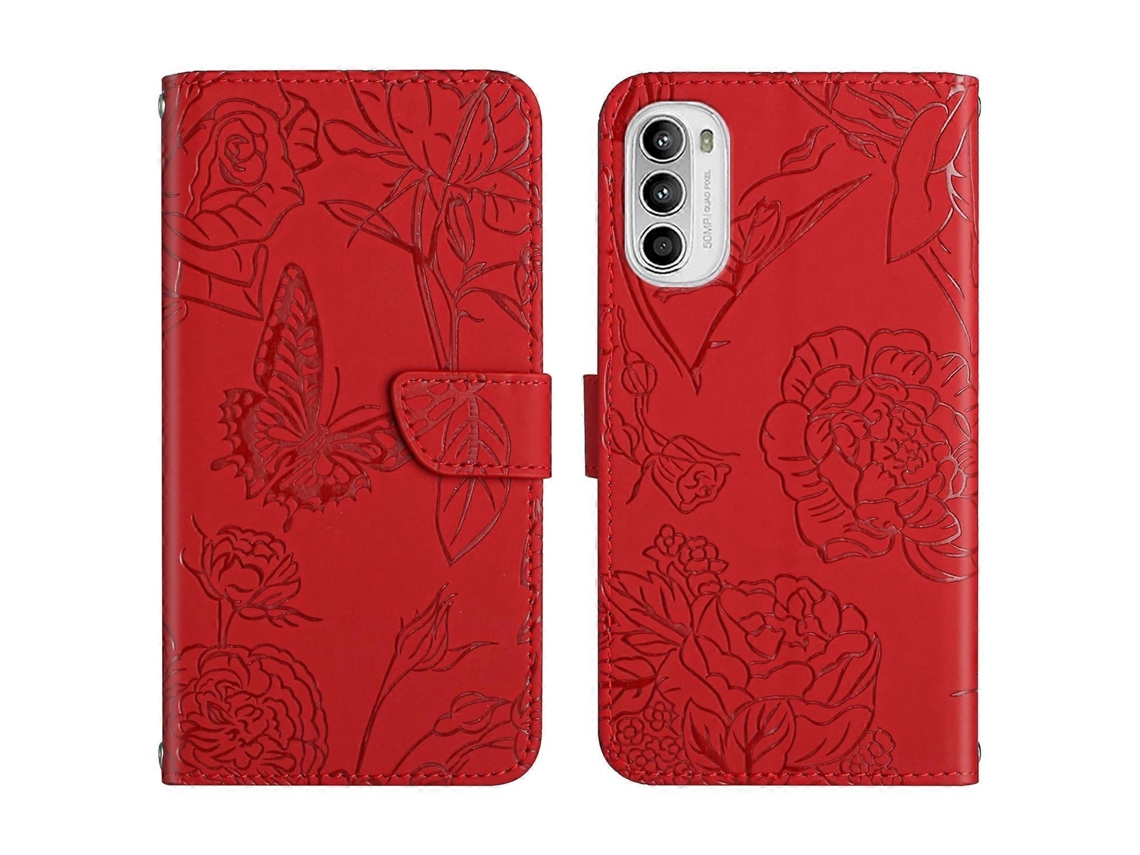 Capa De Celular Em Couro Sintético Com Textura De Borboleta E Peônia Para Motorola Moto G82