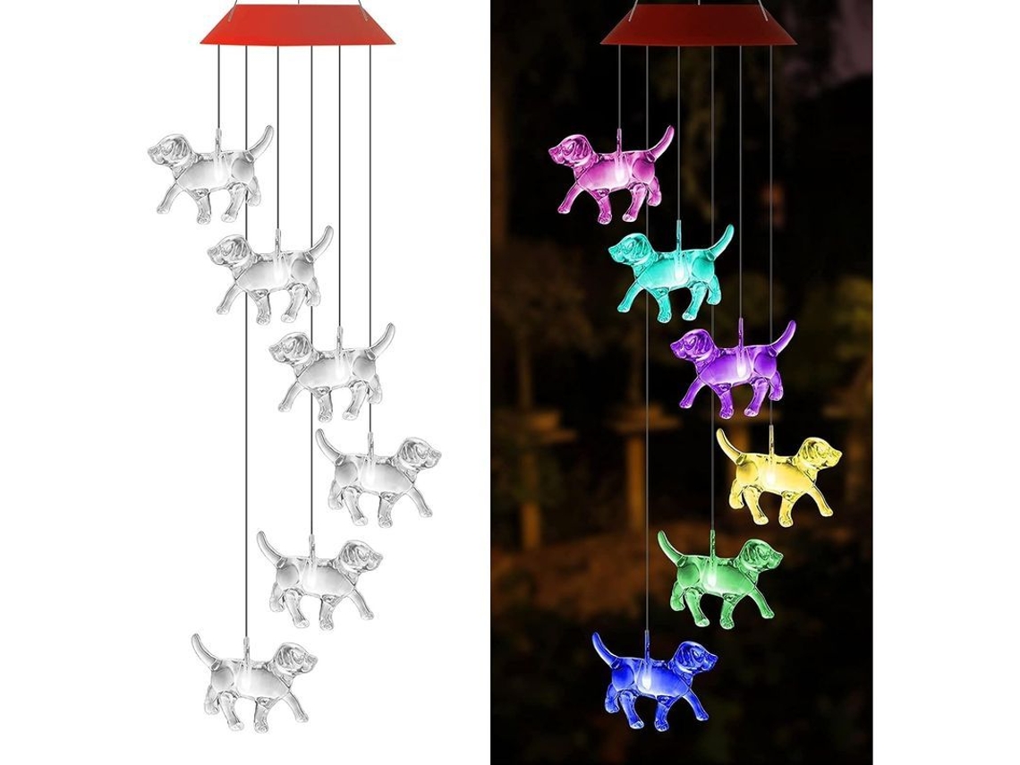 Sino de vento solar em forma de cachorro com LED que muda de cor, à prova d'água, para casa, jardim e festas.