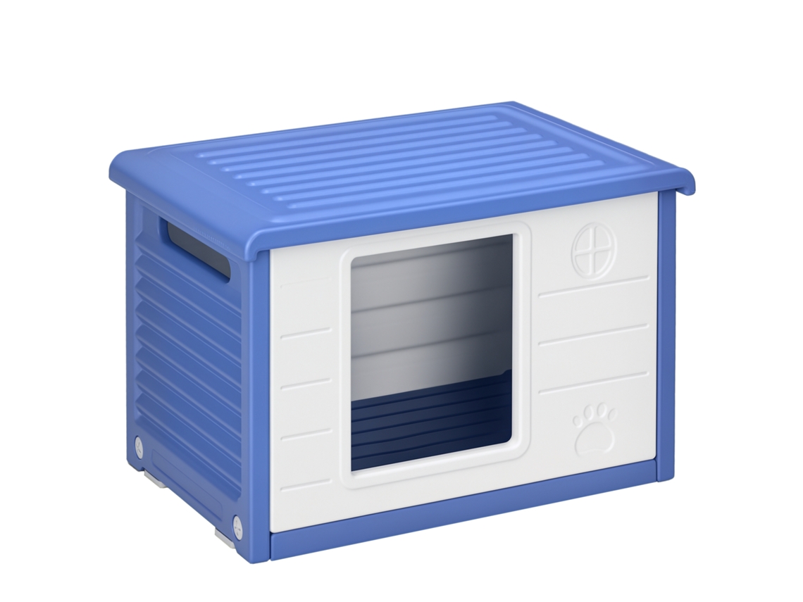 Pequena Cama Externa de Pe para Cães com Entrada de Ar e 2 Saídas de Ar Laterais. 60x42x40 Cm. Azul e Branco Ge