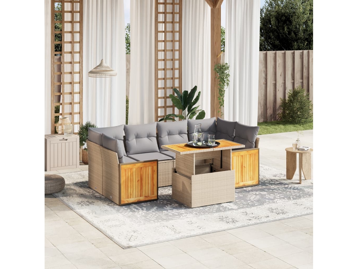 Vidaxl 7 Pcs Conjunto De Sofás P/ Jardim Com Almofadões Vime Pe Bege