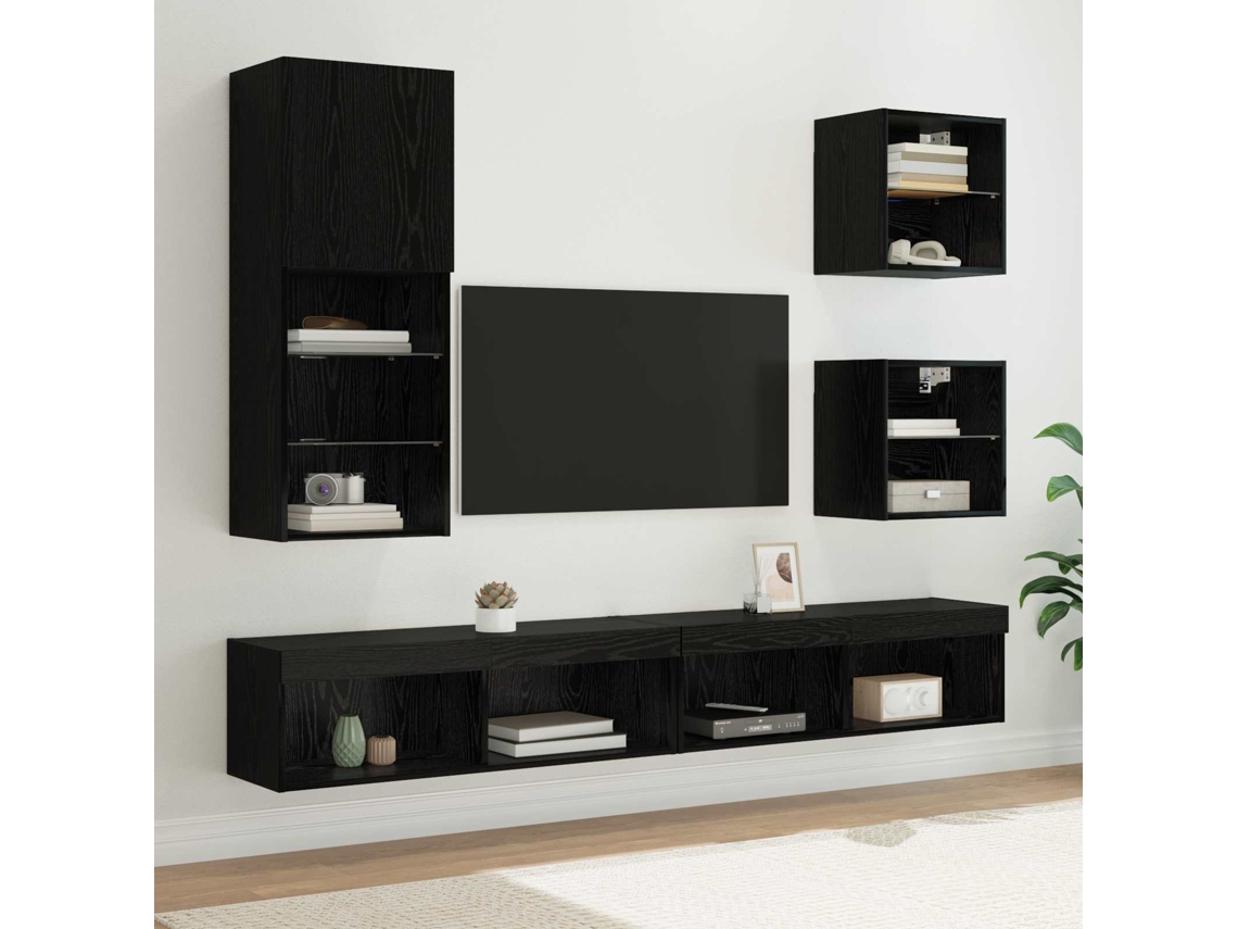 Vidaxl Unidades De Tv De Parede Com Led 5 Pcs Carvalho Preto