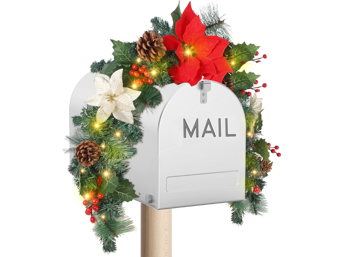 Guirlanda De Natal Pré Iluminada Com Flores De Poinsétia, Bateria Aquaforge