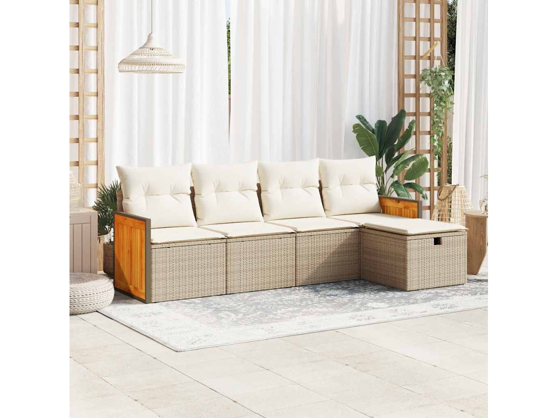 Vidaxl 5 Pcs Conjunto De Sofás P/ Jardim Com Almofadões Vime Pe Bege