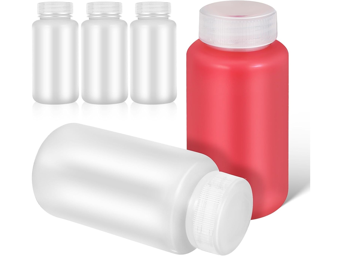 Conjunto De 5 Frascos De Amostra De Plástico De 250 Ml Com Tampas Brancas.