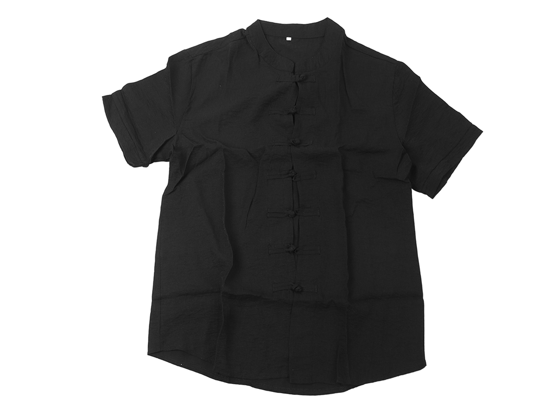 Camisa Tradicional Chinesa Masculina com Colarinho Eeto Manga Curta Ajustada Preta XXL