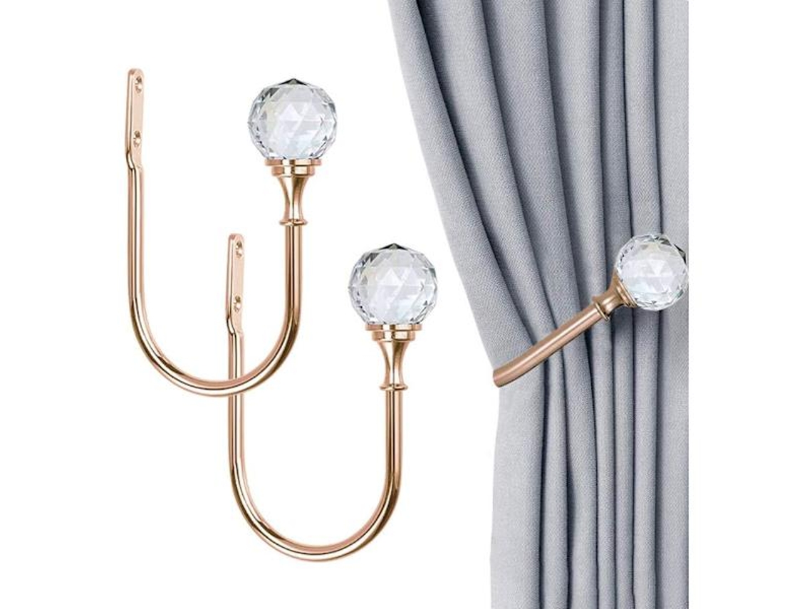 2 Varões De Cortina Em Forma De U Com Bolas De Cristal Transparente Para Parede