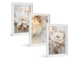 Quadros Decorativos Para Parede Flores, Fundo Claro, Abstrações Moldura Branca Fotos Para O Escritório Espelharte (3 Piezas De 40x60 Cm)