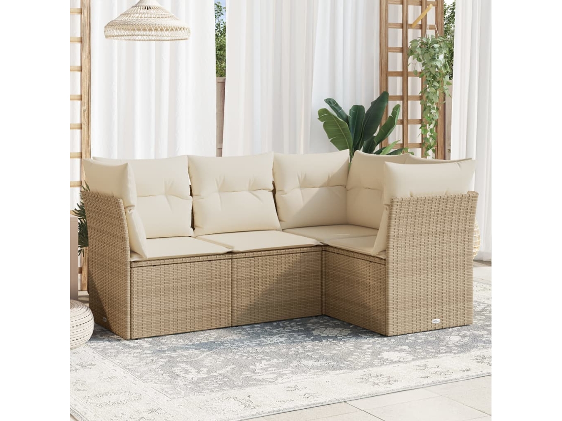 Conjunto de sofá de jardim de 4 peças com almofadas Vime Pe Bege Lovely Home