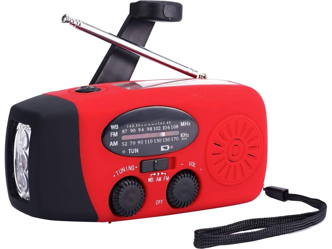 RÁDIO DE EMERGÊNCIA AQUAFORGE vermelho com manivela, energia solar, am/fm, dínamo, lanterna e bateria externa