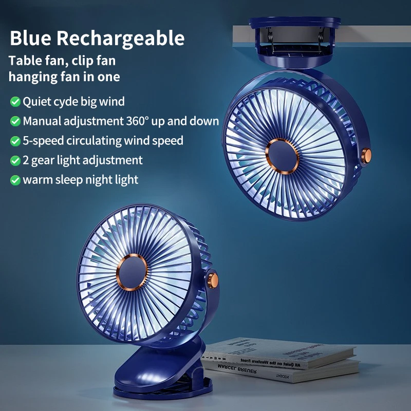 (azul) Novo Mini Ventilador Portátil 3 Em 1 Com Clip, Ventilador Elétrico Recarregável Sem Fio Com Luz Led