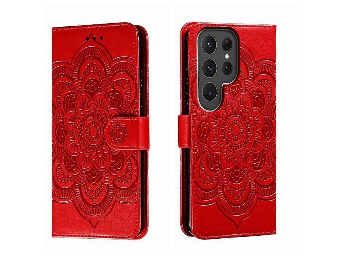 Capa De Couro Para Celular Samsung Galaxy S23 Ultra 5g Com Estampa De Mandala Solar Em Relevo