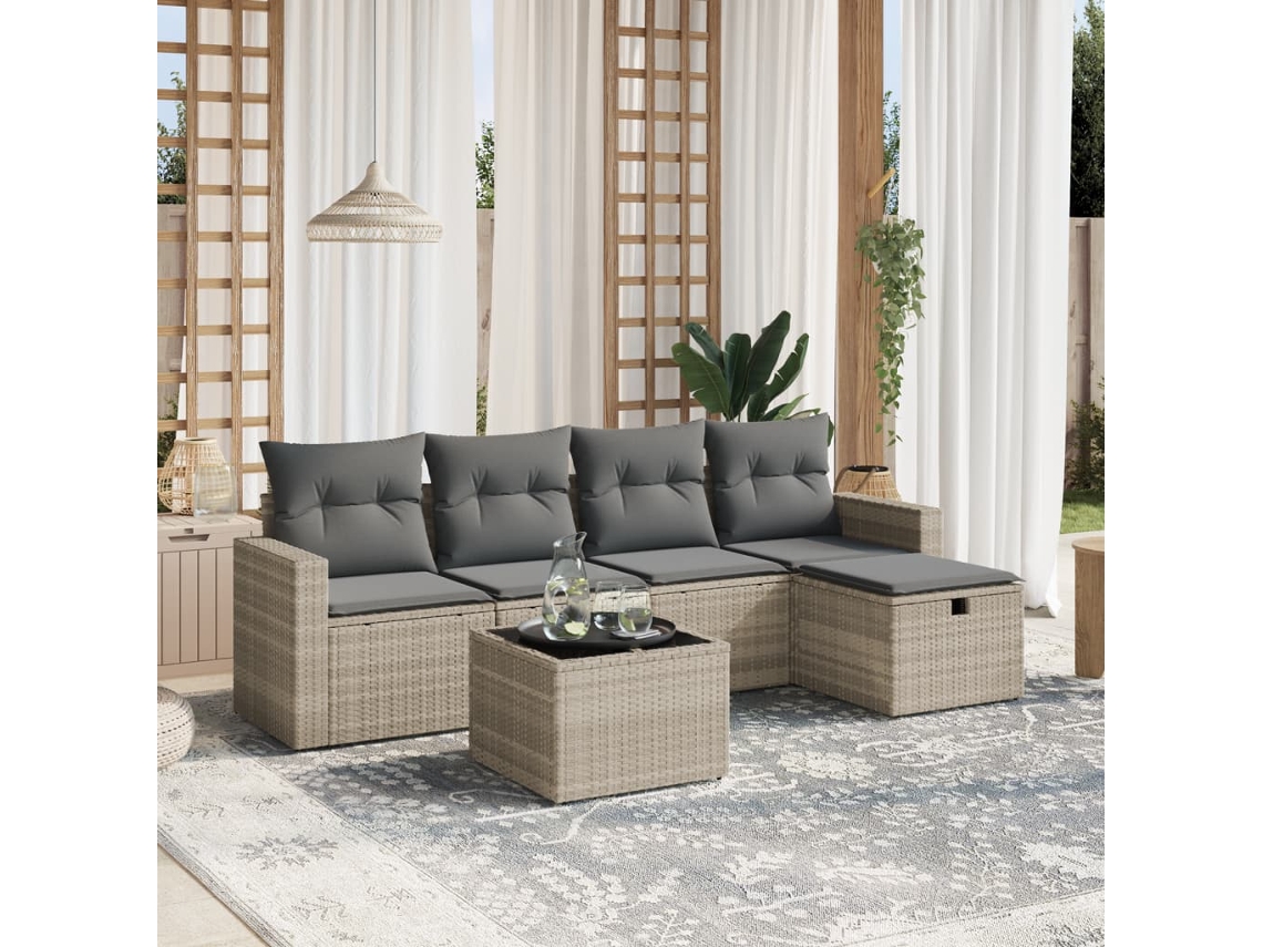 Vidaxl 6 Pcs Conj. Sofás Jardim Com Almofadões Vime Pe Cinzento-claro