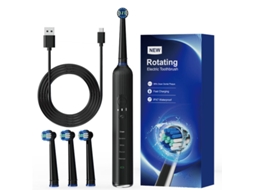 Escova de Dentes Elétrica Adulto, Sônica com 3 Cabeças, Ipx7 À Prova D’água, Recarregável por Usb. Preto CZHHMART