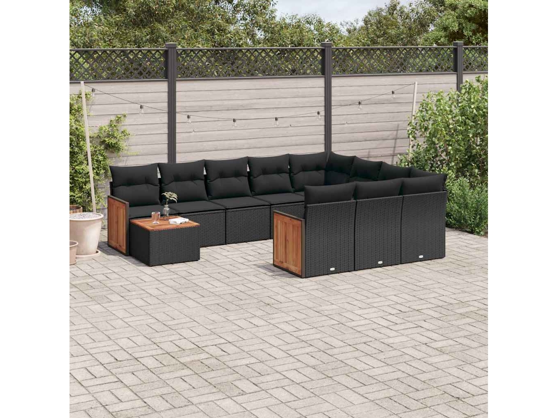 Vidaxl 11 Pcs Conjunto Sofás De Jardim C/ Almofadões Vime Pe Preto