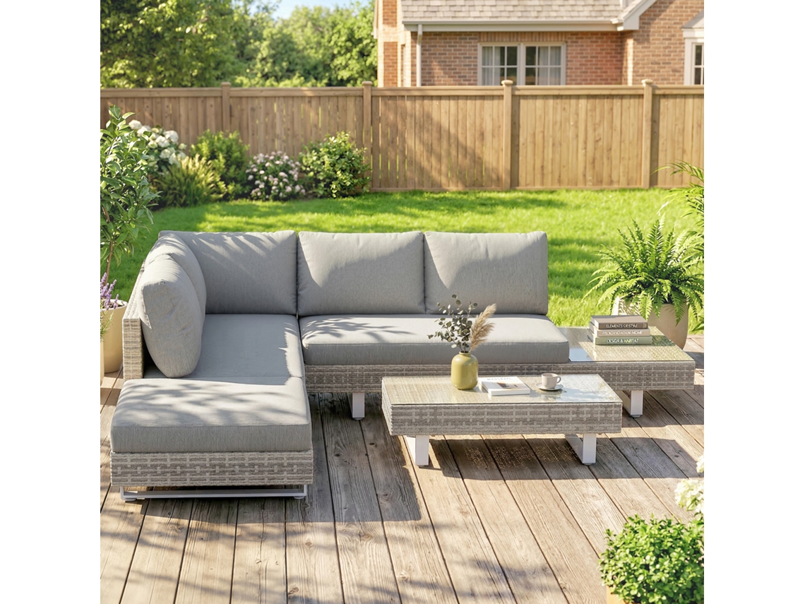 Conjunto Jardim Vime 3 Peças, Sofás Modulares 2/3 Lugares, Mesa Lateral E Mesa De Centro Com Almofadas