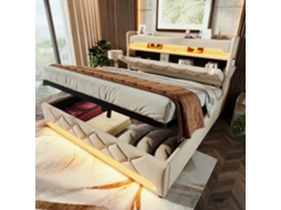 Cama de Solteiro VSOGA 90x200 cm com Cabeceira, Led, Usb, Cômoda, Veludo Cinza, Colchão