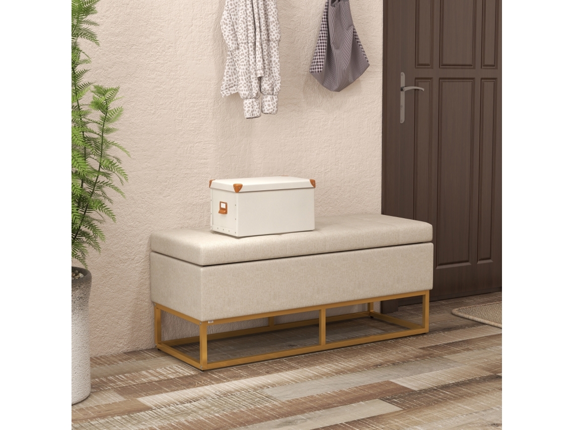 Banco Baú De Arrumação 2 Em 1, Assento Acolchoado E Pés De Aço – 110 × 44 × 48 Cm Bege E Dourado