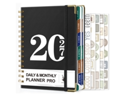 2027-leather Coil Daily Planner A5 Notebook, 160-sheets, Black, With Stickers And Planning Inserts 5-sheets