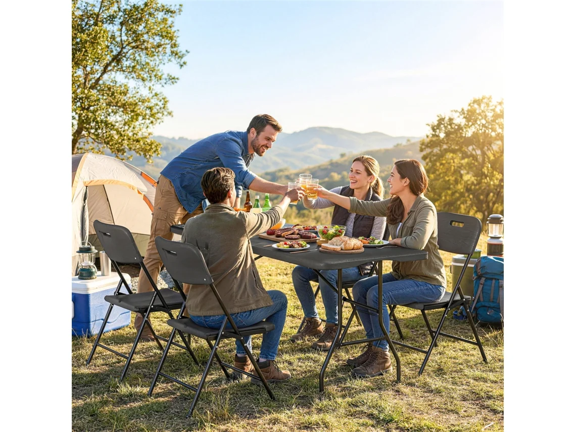 Conjunto Camping 5 Peças: Mesa Dobrável Impermeável Hdpe Com Estrutura Metálica E Cadeiras