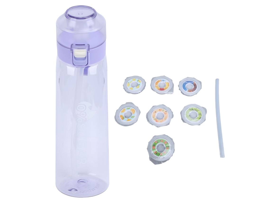 Garrafa de Água Aromática 650ml com 7 Cápsulas de Sabor, Copo com Canudo para Academia Casa Viagens, Transparente Roxo