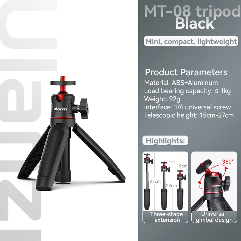 Tripé Mini Preto, Pliável, Interface de 1/4 Polegada, Compatível Com Dslr, Android E Iphone
