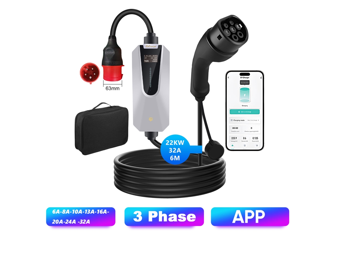 Carregador Veículo Elétrico Hexinex 22kw 32a 6 M 3 Phase Móvel Ip65 Controlo Bluetooth