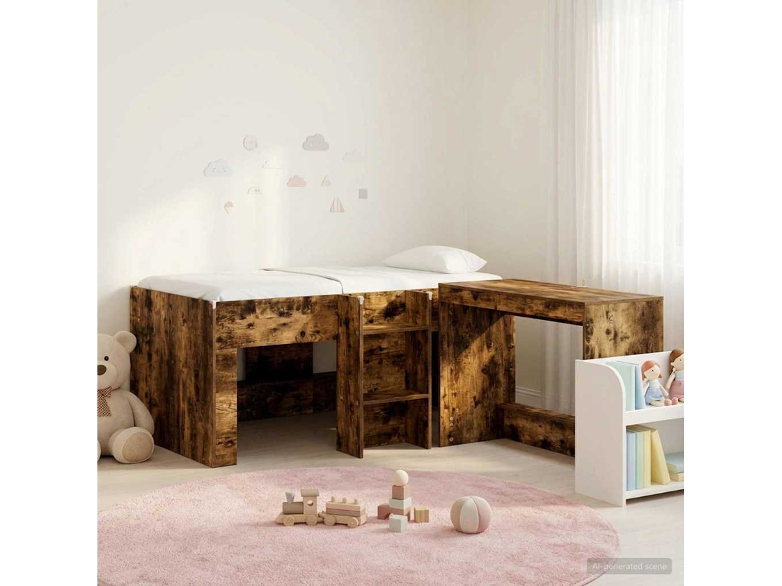 Vidaxl Cama Alta Para Crianças Com Mesa 2 Unid. Carvalho Fumado