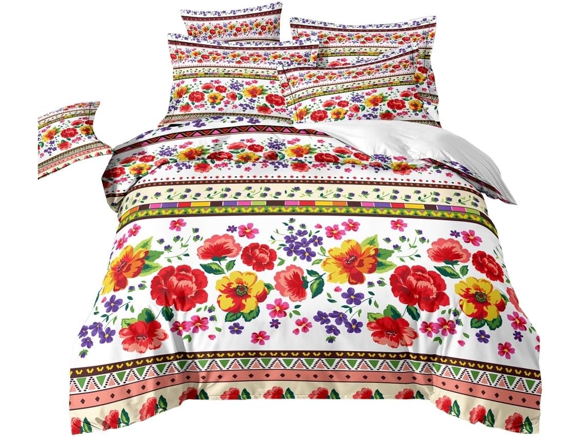 Capa de Edredom Floral Listrada Microfibra com Fronha 200x200 Cm S/MARCA