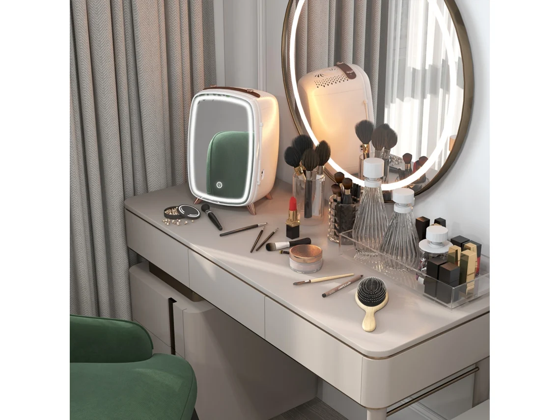 Mini Fridge For Cosmetics, Drinks And Snacks, Portable, With Illuminated Mirror, Quiet Operation, 6l, White