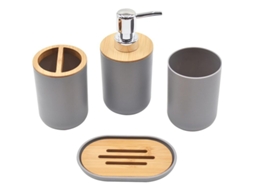 Kit de Banheiro Nova Line, Bambu, Cinza, 4 Peças, Estilo Nórdico | S/MARCA