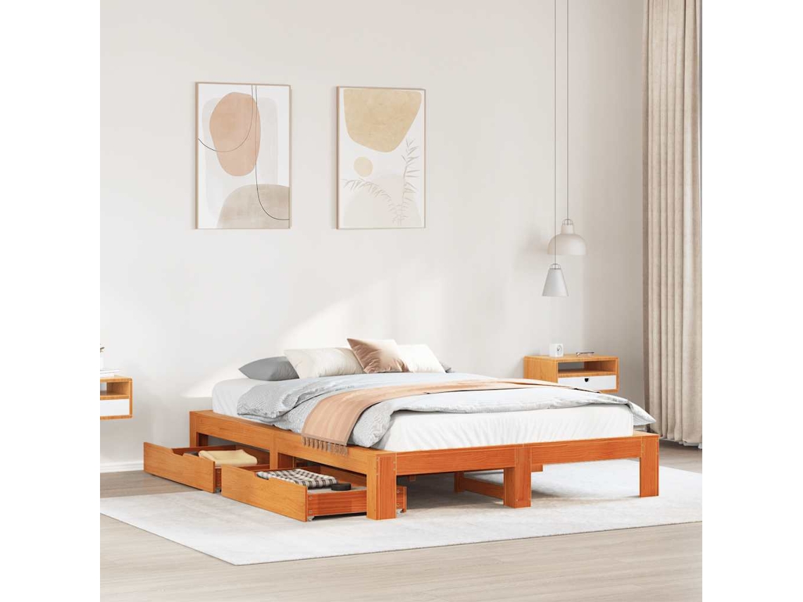 Cama Sem Colchão 140x200 Cm Madeira Pinho Maciça Castanho-mel