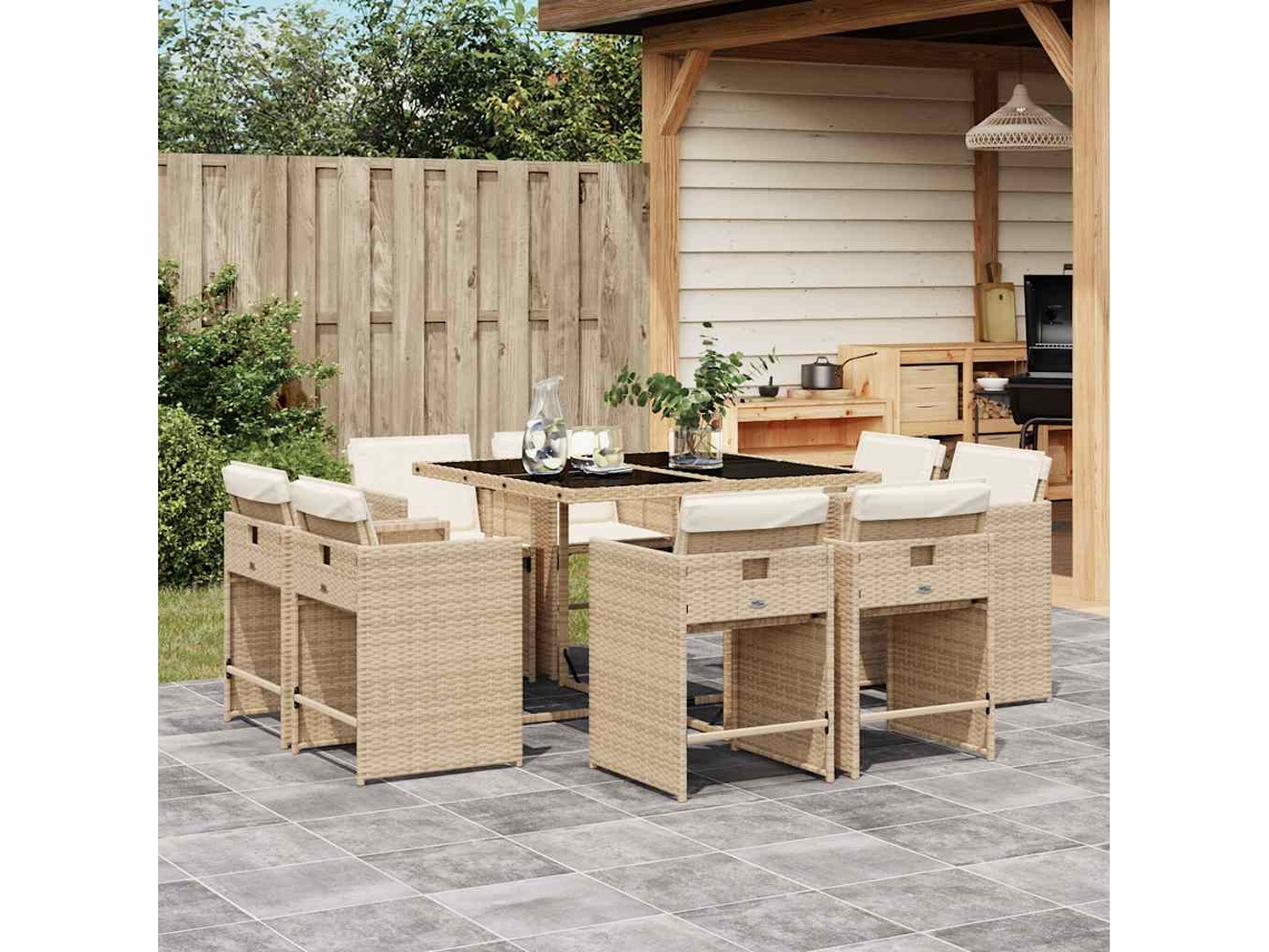 Vidaxl 9 Pcs Conjunto De Jantar P/ Jardim Com Almofadões Vime Pe Bege