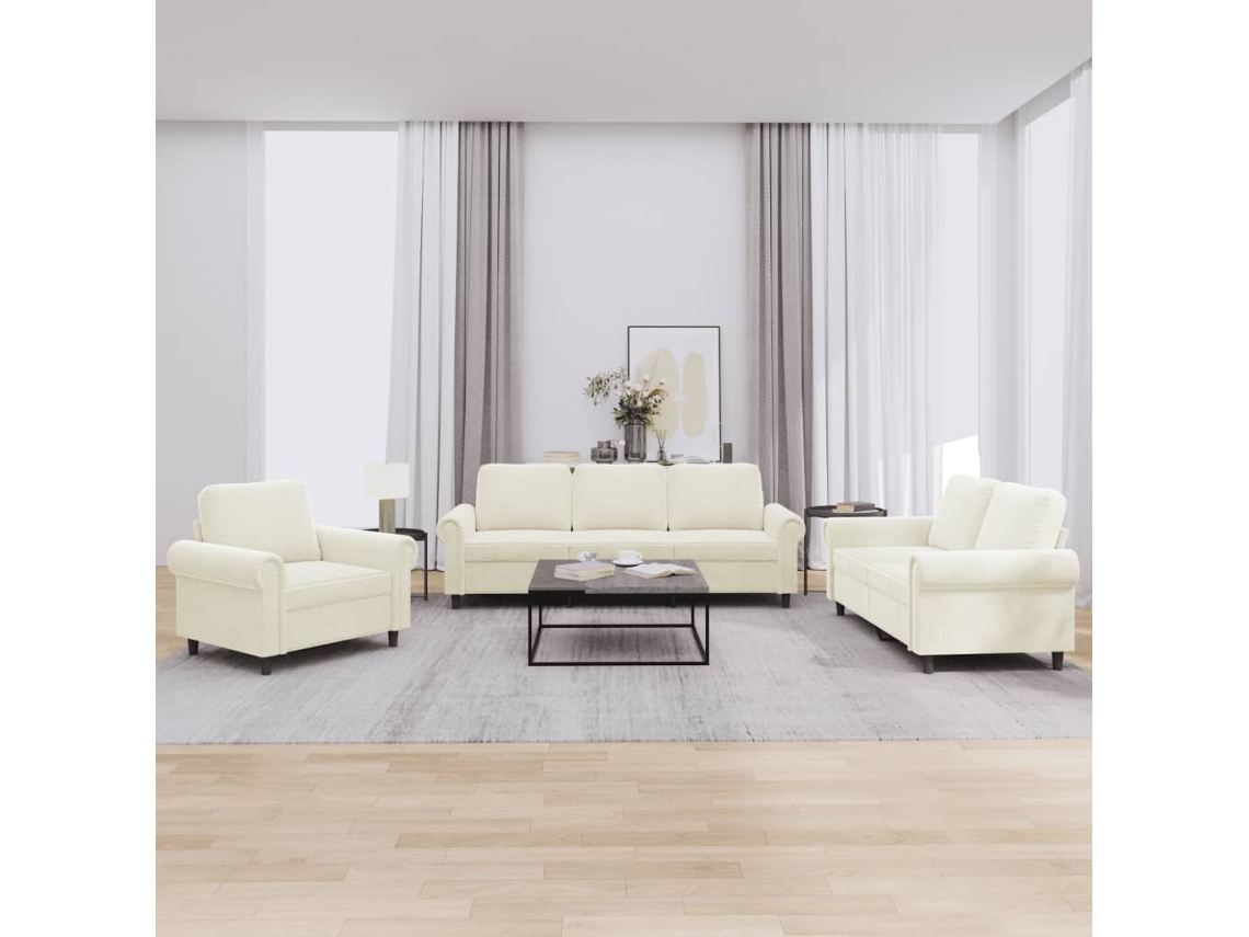 Vidaxl 3 Pcs Conjunto De Sofás Com Almofadões Veludo Cor Creme