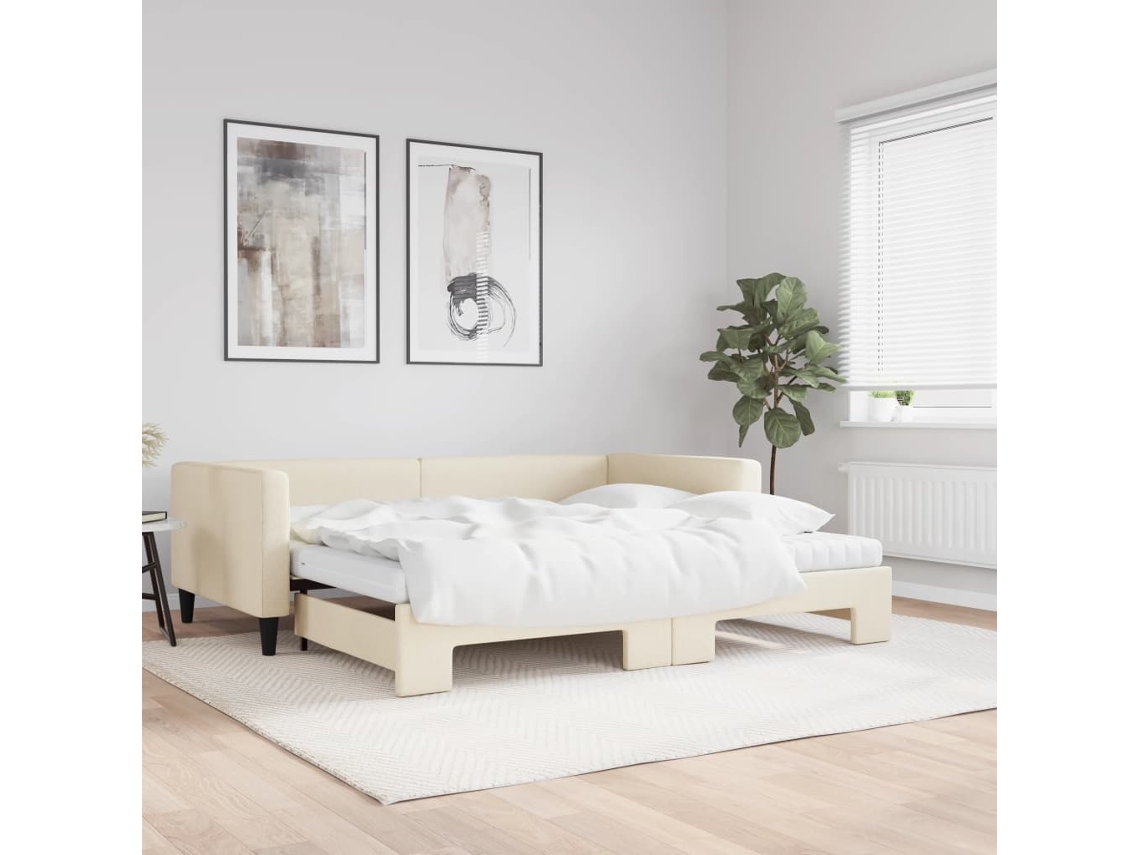 Sofá cama con cajón y colchones 100x200 cm, tela color crema