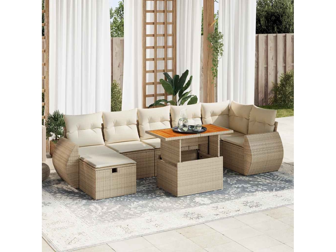Vidaxl 5 Pcs Conj. Sofás P/ Jardim C/ Almofadões Vime Pe/acácia Bege