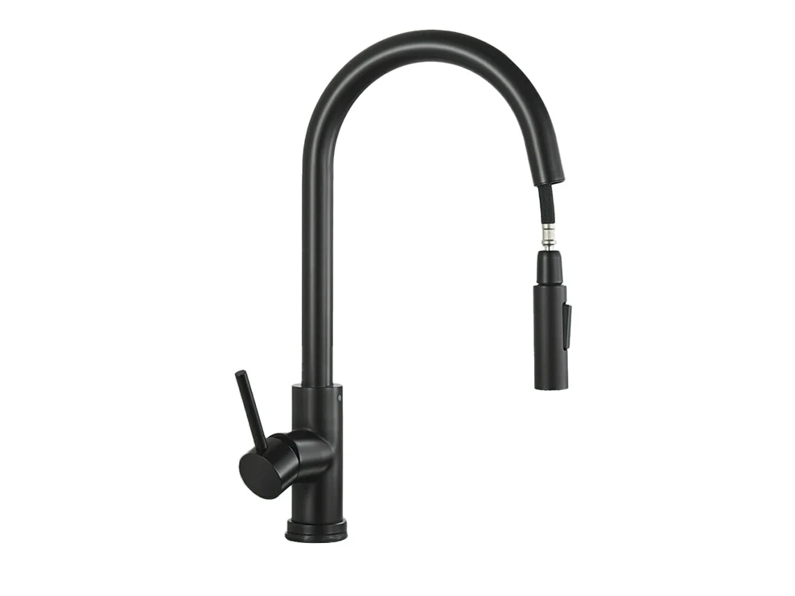 Torneira De Cozinha Alavanca Única Preta Fosca Com Cabeça Spray Extensível, Misturadora Pia Aço Inoxidável, Rotação 360 E Jato Ar, Mangueira 60 Cm