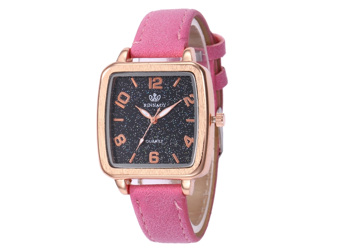 Relógio feminino Zhoulianfa em couro PU com mostrador quadrado e movimento de quartzo rosa.