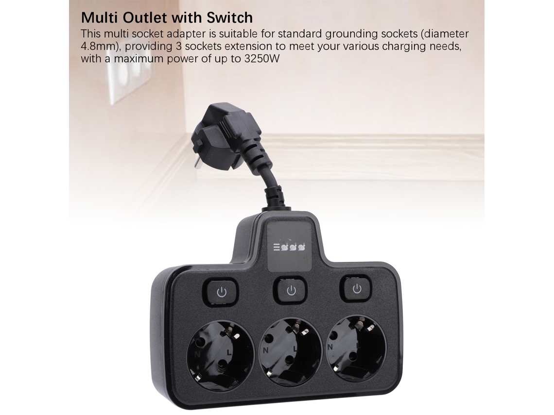 Laxiscreed Adaptador De Tomadas Múltiplas Com 3 Interruptores Individuais, Certificado Ce