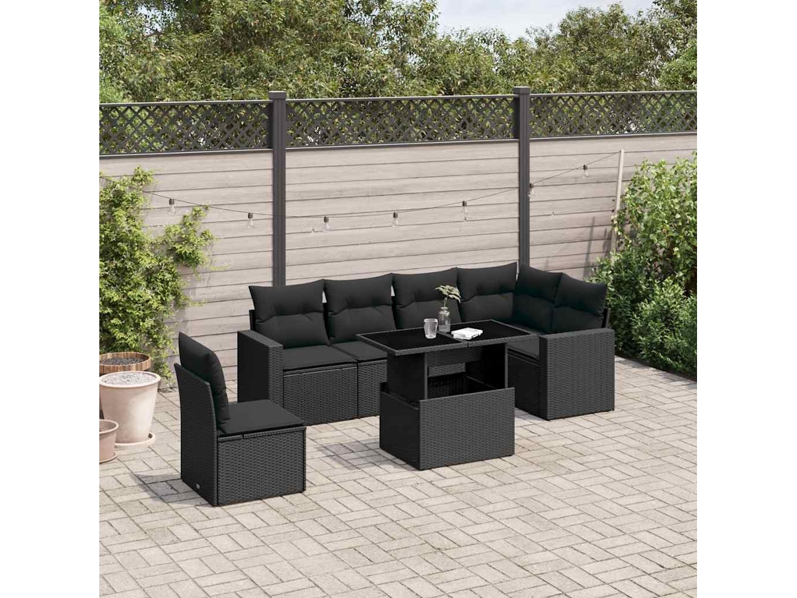 Vidaxl 7 Pcs Conjunto De Sofás P/ Jardim C/ Almofadões Vime Pe Preto