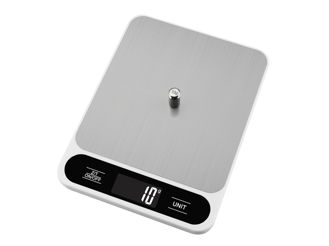 Balança digital portátil de precisão para uso doméstico na cozinha, 15kg/1g, na cor branca (com bateria recarregável).